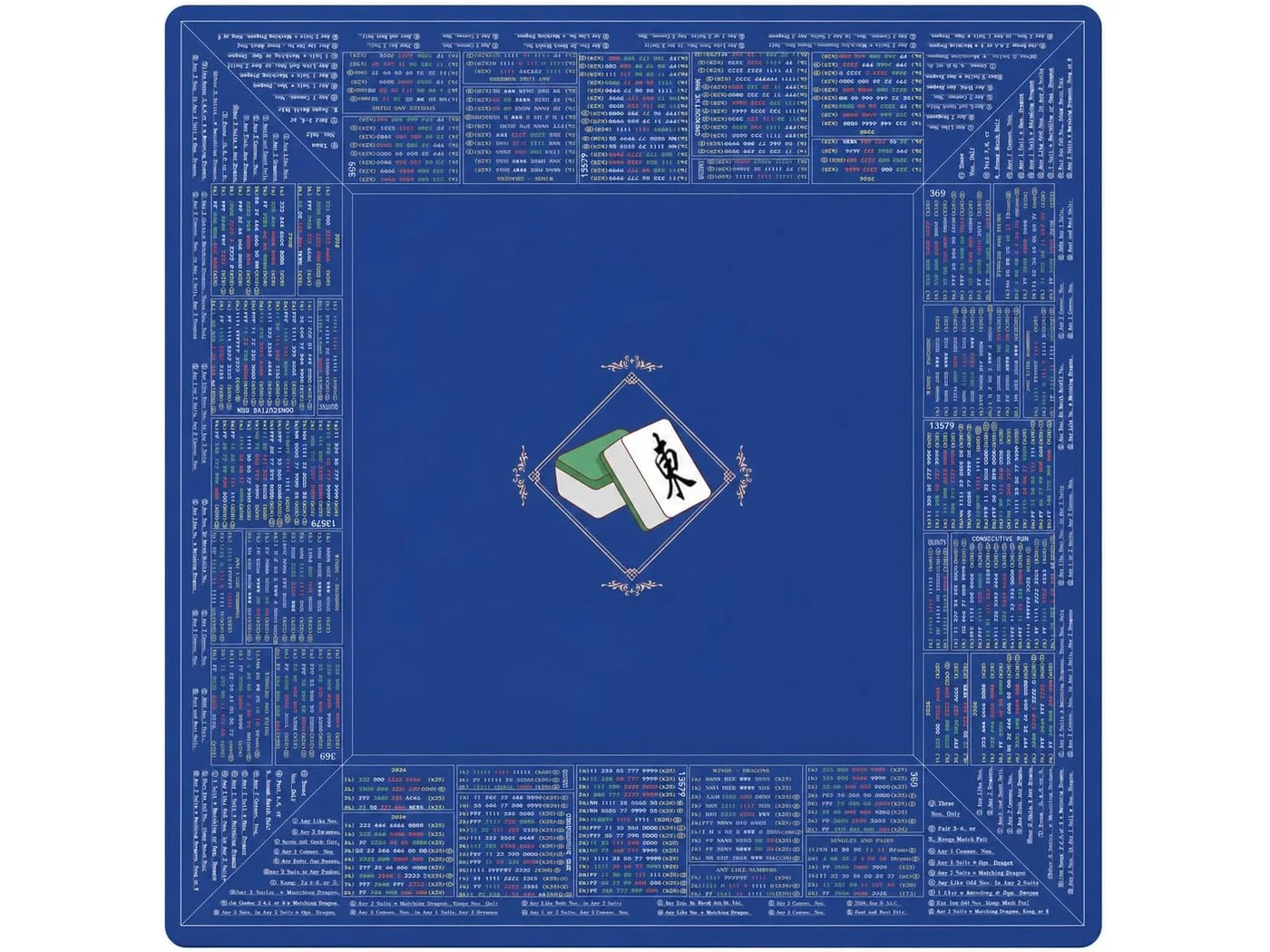 Blue 2026 American Mahjong mat with printed reference border