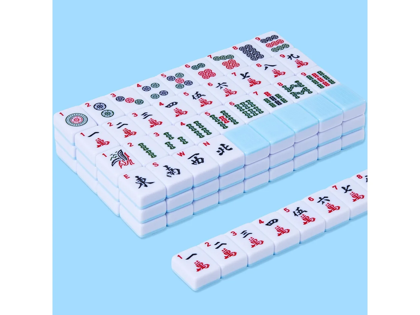 Aomercare blue 166 tile American Mahjong set arranged on a light background